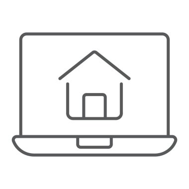 Online ev alışveriş ince çizgi simgesi, Emlak ve ev, işareti vektör grafikleri, doğrusal model beyaz bir arka planda eps 10 arama.