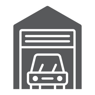 Araba garaj glif simgesi, otomobil ve ev, gayrimenkul işareti vektör grafikleri, beyaz bir arka planda eps 10 katı bir desen.