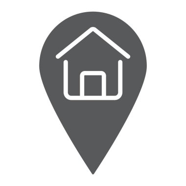 Ev konumu glif simgesi, Emlak ve ev, PIN işaretçi işareti vektör grafikleri, beyaz bir arka planda eps 10 katı bir desen.