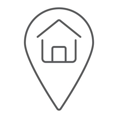 Ev yeri ince çizgi simgesi, Emlak ve ev, PIN işaretçi işareti vektör grafikleri, doğrusal model beyaz bir arka planda eps 10.