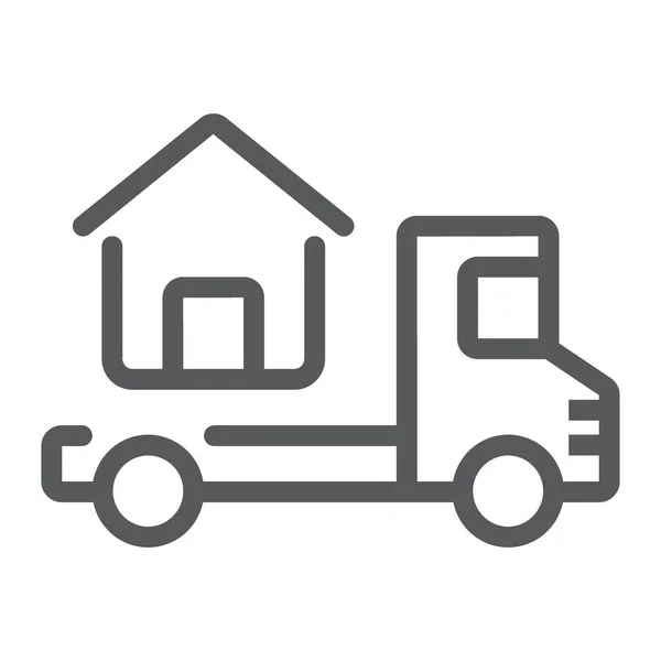 Camión entrega el icono de la línea de la casa, bienes raíces y hogar, gráficos vectoriales de entrega a domicilio, un patrón lineal sobre un fondo blanco, eps 10 . — Vector de stock