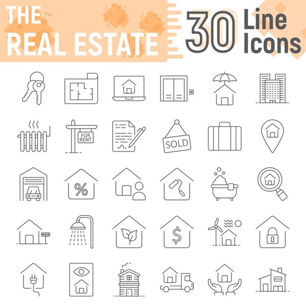 Real Estate thin line icon set, home symbols collection, vector sketches, logo illustrations, building signs linear pictograms package isolated on white background, eps 10.