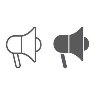 Promosyon çizgi ve glif simgesi, e ticaret ve pazarlama, megafon işareti vektör grafikleri, doğrusal model beyaz bir arka planda eps 10.