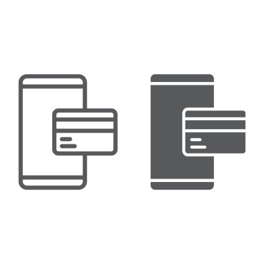 Kredi kartı smartphone ve glif satırı simgesi, e ticaret ve pazarlama, online ödeme işareti vektör grafikleri, doğrusal model beyaz bir arka planda eps 10.