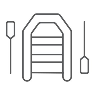 Şişme ile tekne satıyor ince çizgi simgesi, Dalış ve su altı, kauçuk tekne işareti vektör grafikleri, doğrusal model beyaz bir arka planda eps 10.