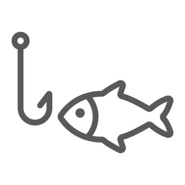 Balıkçılık satırı simgesi, hayvan ve su altı, kanca işareti vektör grafik, bir doğrusal model beyaz bir arka planda eps 10.