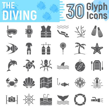 Scuba diving glif simge seti, sualtı semboller koleksiyonu, vektör çizimler, logo illüstrasyonlar, deniz beyaz arka plan üzerinde eps 10 izole katı sembollerin paketi imzalar.