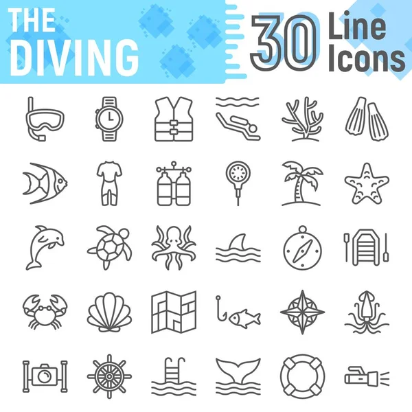 Set di icone della linea di immersioni subacquee, collezione di simboli subacquei, schizzi vettoriali, illustrazioni con logo, pittogrammi lineari con segni marini isolati su sfondo bianco, eps 10 . — Vettoriale Stock