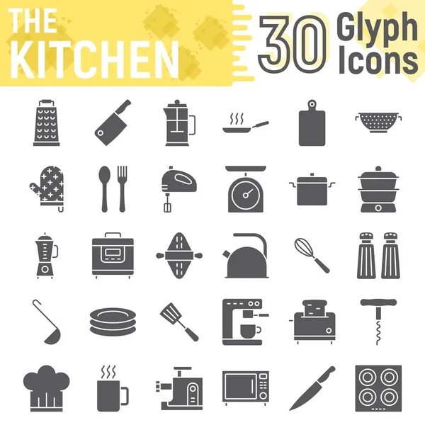 Keuken glyph pictogrammenset, huishouden symbolen collectie, vector schetsen, logo illustraties tekenen solide pictogrammen pakket geïsoleerd op een witte achtergrond, eps 10 koken. — Stockvector