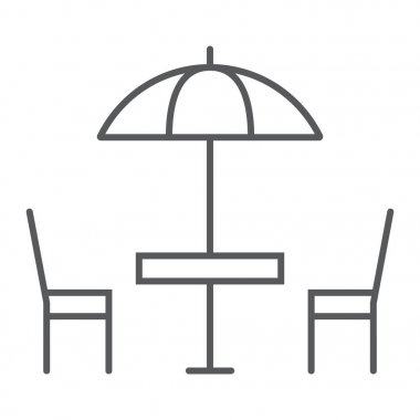 Sokak Cafe ince çizgi simgesi, masa ve sandalye, şemsiye işareti vektör grafikleri, doğrusal model beyaz bir arka planda eps 10.