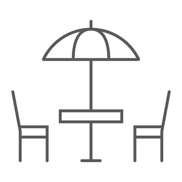 Street Cafe thin line icon, table and chair, umbrella sign vector graphics, a linear pattern on a white background, eps 10.