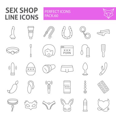 Seks shop ince çizgi ikonu seti, seks oyuncakları sembolleri koleksiyonu, vektör çizimleri, logo illüstrasyonları, seks mağazası işaretleri beyaz arkaplanda izole edilmiş doğrusal piktogramlar paketi, 10 Pound.
