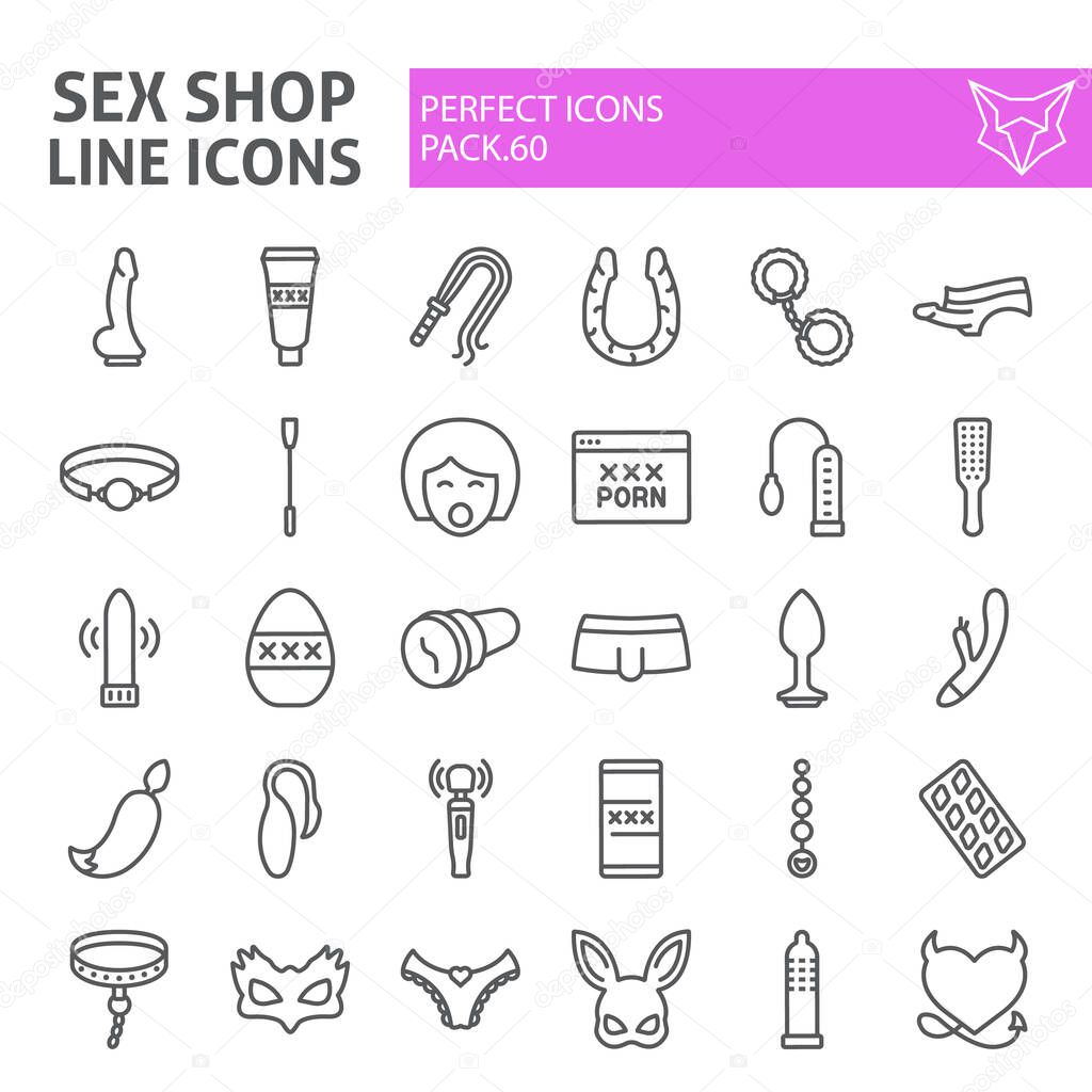 Sex shop line icon set, sex toys symbols collection, vector sketches, logo illustrations, sex shop signs linear pictograms package isolated on white background, eps 10