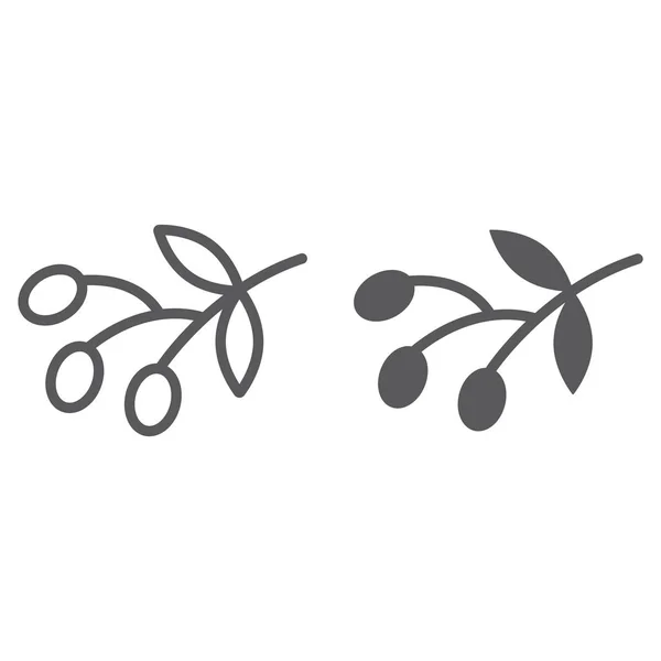 Ligne d'oliviers et icône de glyphe, nourriture et légumes, panneau de branche d'olivier, graphiques vectoriels, un motif linéaire sur un fond blanc . — Image vectorielle