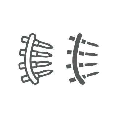 Kurşun kuşağı çizgisi ve sembol, ordu ve ordu, makineli tüfek kemeri işareti, vektör grafikleri, beyaz arka planda doğrusal desen.