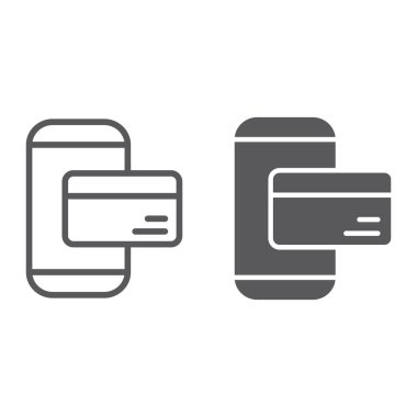 Telefon ödeme hattı ve glyph simgesi, teknoloji ve para, mobil ödeme işareti, vektör grafikleri, beyaz arka planda doğrusal bir desen.