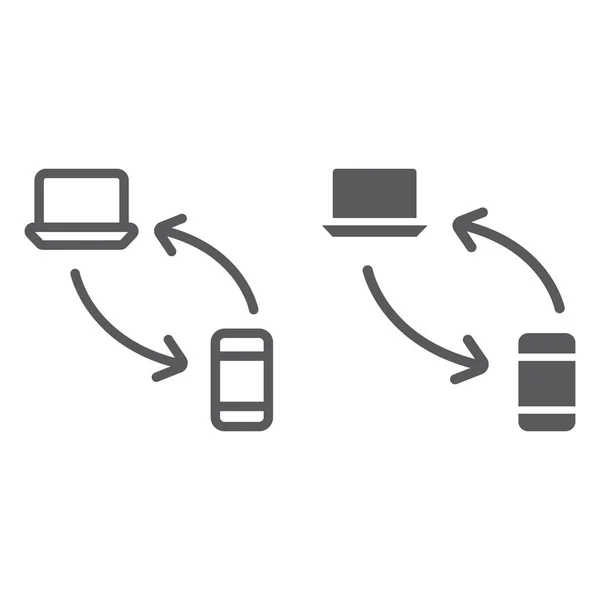 Μεταφορά δεδομένων από φορητό υπολογιστή σε γραμμή smartphone και εικονίδιο glyph, τεχνολογία και μεταφορά, σημάδι συγχρονισμού, διανυσματικά γραφικά, ένα γραμμικό μοτίβο σε λευκό φόντο. — Διανυσματικό Αρχείο