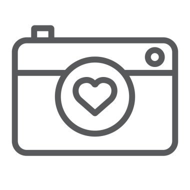 Kamera çizgisi simgesi, sevgililer günü ve bayram, aşk kamerası işareti, vektör grafikleri, beyaz arkaplanda doğrusal desen, 10 eder.