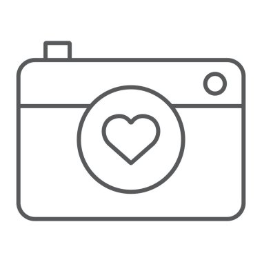 Kamera ince çizgi ikonlu kalp, sevgililer günü ve bayram, aşk kamerası işareti, vektör grafikleri, beyaz arka planda doğrusal desen, 10 birim eder.