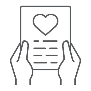 Aşk harfi ince çizgi simgesi, sevgililer günü ve bayram, aşk zarfı işareti, vektör grafikleri, beyaz arkaplan üzerinde doğrusal desen, 10.