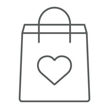 Alış veriş torbası, ince çizgi simgesi, sevgililer günü ve bayram, sevgililer günü çantası işareti, vektör grafikleri, beyaz arka planda doğrusal desen,.