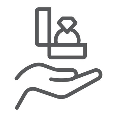 Evlilik teklifi çizgisi simgesi, sevgililer günü ve bayram, el işaretinde yüzük, vektör grafikleri, beyaz arka planda doğrusal desen, 10 puan..