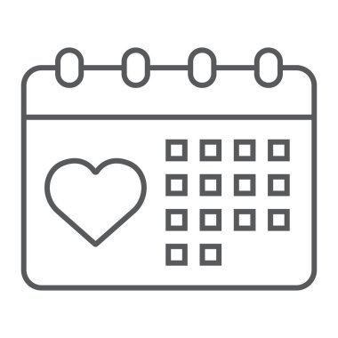 Love Calendar ince çizgi simgesi, sevgililer günü ve bayramı, sevgililer günü işareti, vektör grafikleri, beyaz arkaplan üzerinde doğrusal desen, 10.