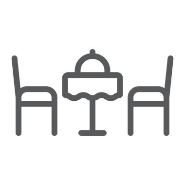 Romantik yemek çizgisi simgesi, sevgililer günü ve bayram, sandalyeli masa işareti, vektör grafikleri, beyaz arka planda doğrusal desen, 10 puan..