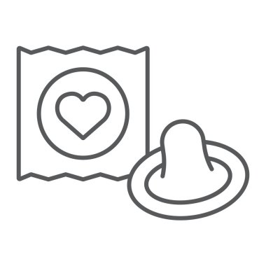 Prezervatif ince çizgi simgesi, sevgililer günü ve bayramı, kauçuk işareti, vektör grafikleri, beyaz arka planda doğrusal desen, 10 birim eder..