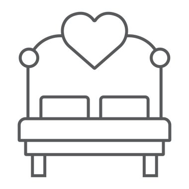 Kalp çizgisi ikonlu aşk yatağı, sevgililer günü ve tatil, yatak işareti, vektör grafikleri, beyaz arka planda doğrusal desen, 10 puan..