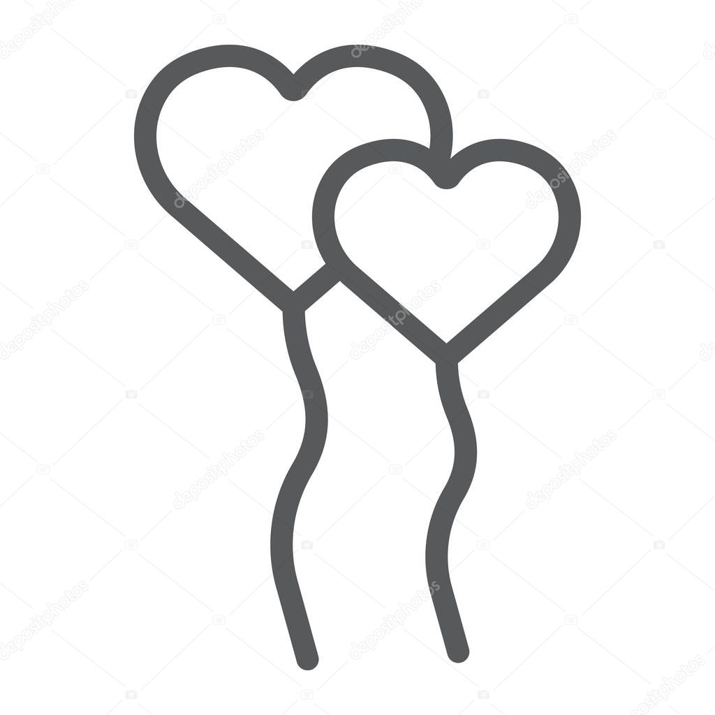Heart Balloons line icon, valentine and holiday, party balloon sign, vector graphics, a linear pattern on a white background, eps 10
