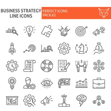 İş stratejisi çizgisi simgesi seti, finans sembolleri koleksiyonu, vektör çizimleri, logo illüstrasyonları, strateji simgeleri, iş işaretleri pictogramları paketi beyaz arkaplanda izole edilmiş, ep 10.