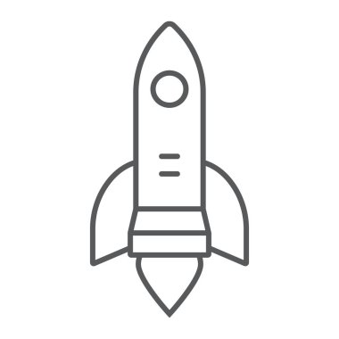 İnce çizgi simgesi, iş ve strateji başlat, roket fırlatma işareti, vektör grafikleri, beyaz arkaplanda doğrusal desen, 10 birim.