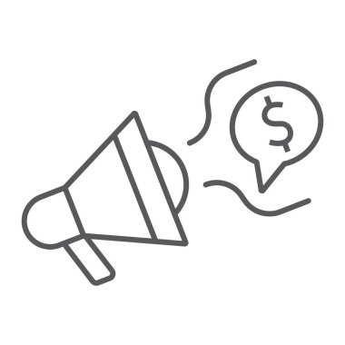 Sosyal pazarlama ince çizgi simgesi, iş ve promosyon, megafon işareti, vektör grafikleri, beyaz arka planda doğrusal desen, 10 puan.