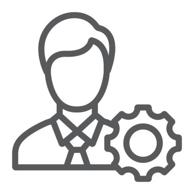 İş ahlakı çizgisi ikonu, iş ve ahlak simgesi, dişli levhası olan adam, vektör grafikleri, beyaz arka planda doğrusal desen, 10 puan..