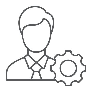 İş ahlakı ince çizgi ikonu, iş ve ahlak, dişli levhası olan adam, vektör grafikleri, beyaz arka planda doğrusal desen, 10 pound..