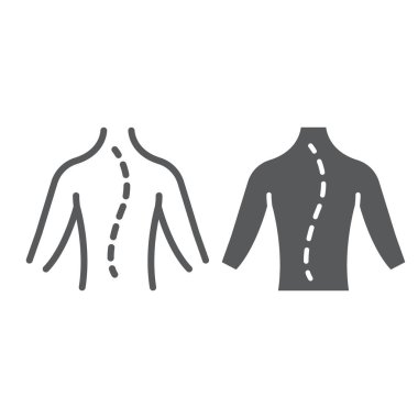 Skolyoz çizgisi ve glyph simgesi, ortopedik ve tıbbi, omurga işareti, vektör grafikleri, beyaz arkaplan üzerinde doğrusal desen.