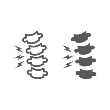Rachiokampsis çizgisi ve kabartma simgesi, tıbbi ve ekipman, omurga deformasyonu, vektör grafikleri, beyaz arkaplan üzerinde doğrusal desen.