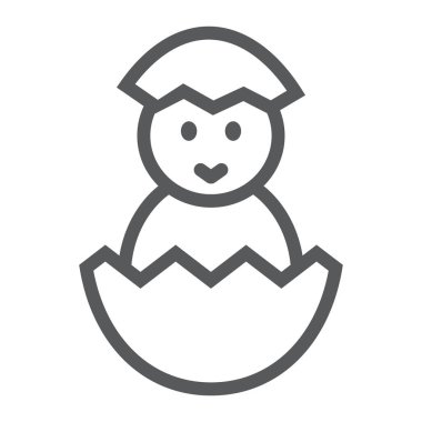 Yumurta çizgisi simgesine, paskalya ve bayramlara bakan Chick, yumurta işaretli piliç, vektör grafikleri, beyaz arka planda doğrusal desen, 10 puan..