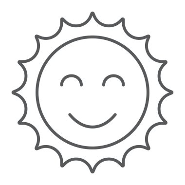 Güneş ince çizgi simgesi, Paskalya ve yaz, gülümseyen güneş işareti, vektör grafikleri, beyaz arkaplanda doğrusal desen, 10 birim.