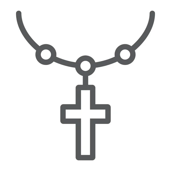 Różaniec katolicki wiersz ikona, religia i modlitwa, naszyjnik ze znakiem krzyża, grafika wektorowa, wzór liniowy na białym tle, eps 10. — Wektor stockowy