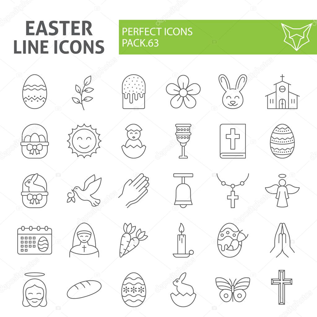 Easter thin line icon set, spring holiday symbols collection, vector sketches, logo illustrations, religion icons, business signs linear pictograms package isolated on white background, eps 10