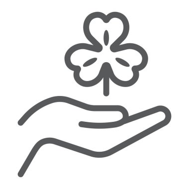 El ele tutuşan yonca çizgisi ikonu, Aziz Patrick günü ve bayramı, el ele tutuşan yonca işareti, vektör grafikleri, beyaz arka planda doğrusal bir desen, 10.