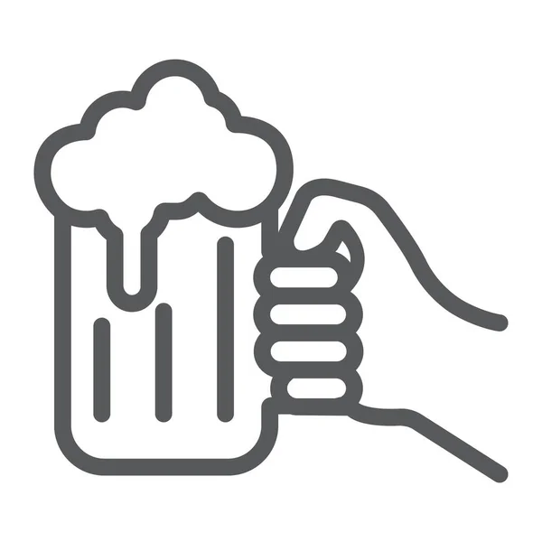 手拿着一杯啤酒线图标，圣帕特里克节和酒精，手拿着玻璃杯啤酒标识，矢量图形，白色背景上的线形图案，头像10. — 图库矢量图片