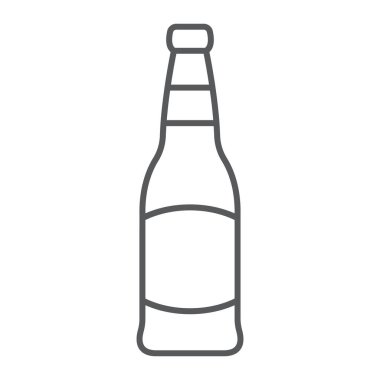 Bira şişesi, ince çizgi ikonu, Aziz Patrick günü ve alkol, cam bira şişesi işareti, vektör grafikleri, beyaz arka planda doğrusal desen,.