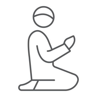 İslami Dua ikonu, ramazan ve İslam, Müslüman adam dua işareti, vektör grafikleri, beyaz arka planda doğrusal desen, 10 puan..