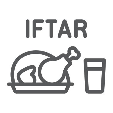 Ramazan iftar hattı simgesi, ramazan ve İslam, Müslüman yemek işareti, vektör grafikleri, beyaz arka planda doğrusal desen, 10 puan..