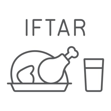 Ramazan iftarı ince çizgi simgesi, ramazan ve İslam, Müslüman yemek işareti, vektör grafikleri, beyaz arka planda doğrusal desen, 10 puan.
