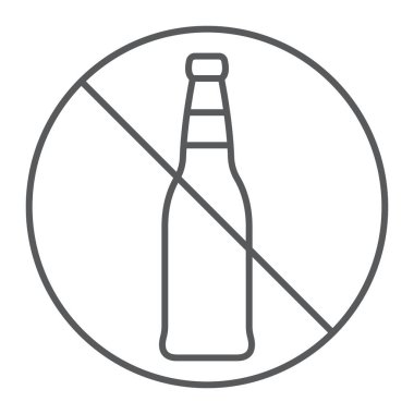 Alkol ince çizgi simgesi yok, yasak ve yasak, alkol işareti yok, vektör grafikleri, beyaz arka planda doğrusal desen, 10 puan..