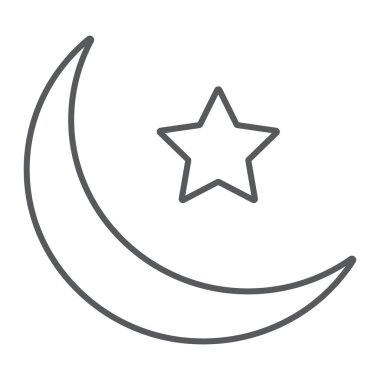 İslami Hilal ince çizgi simgesi, ramazan ve İslam, Müslüman işareti, vektör grafikleri, beyaz arkaplan üzerinde doğrusal desen, 10 puan.